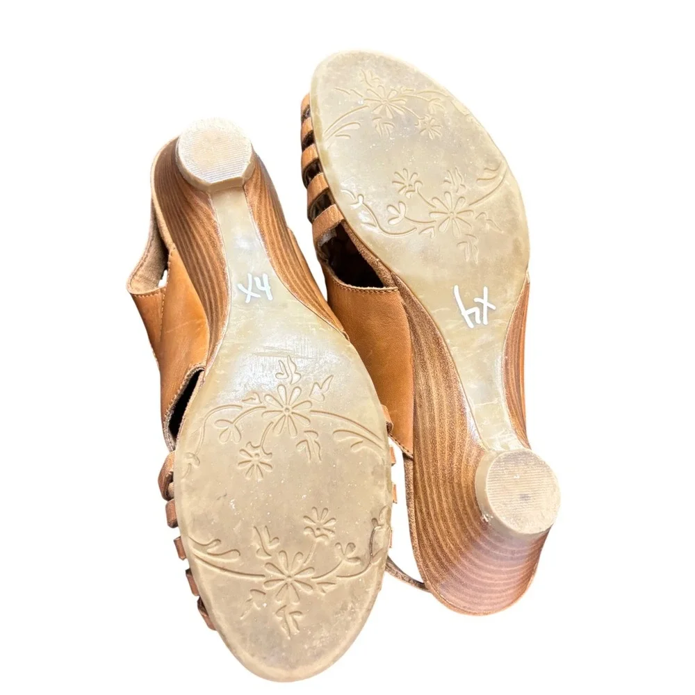White‎ Mountain Tan Leather Woven Wedge Sandals Womens 10M Slingback Low Heel